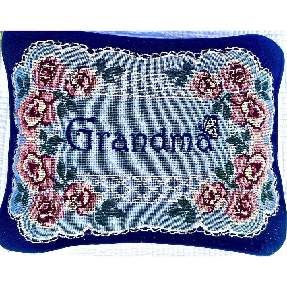 Vintage 1990s Grandmillennial Floral Jacquard Throw Pillow Roses Cottage Core